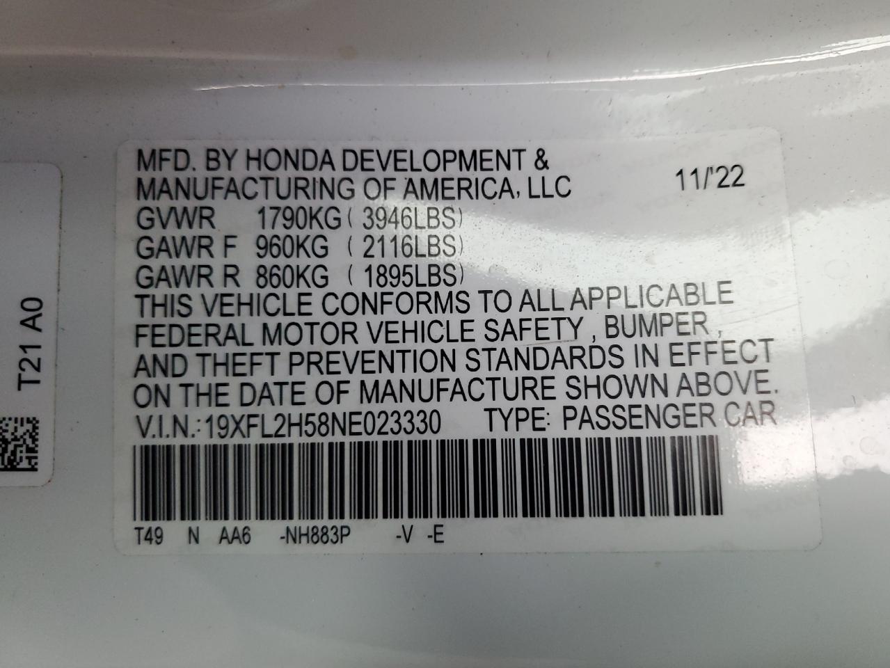 2022 HONDA CIVIC LX VIN:19XFL2H58NE023330
