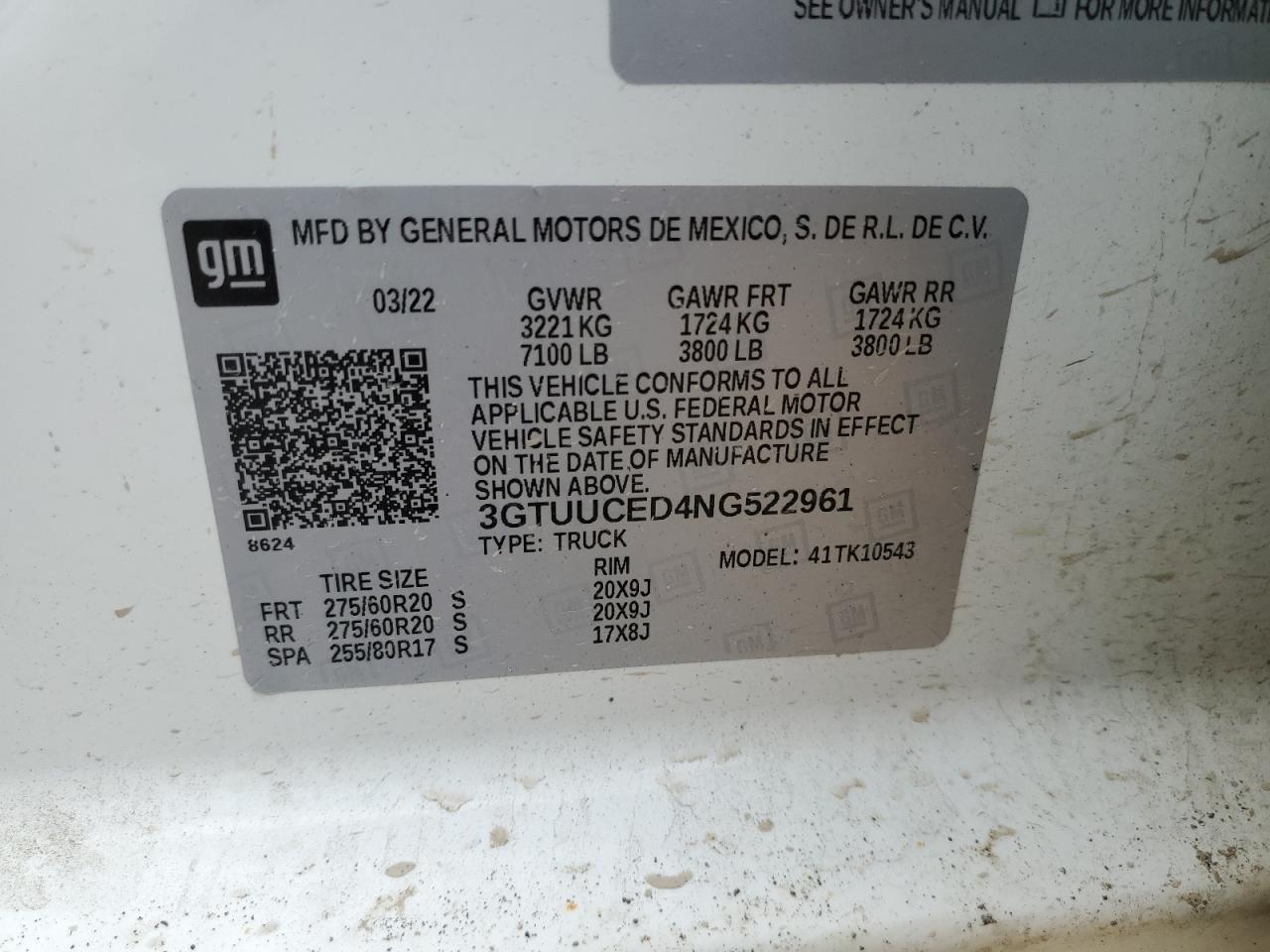 2022 GMC SIERRA K1500 ELEVATION VIN:3GTUUCED4NG522961