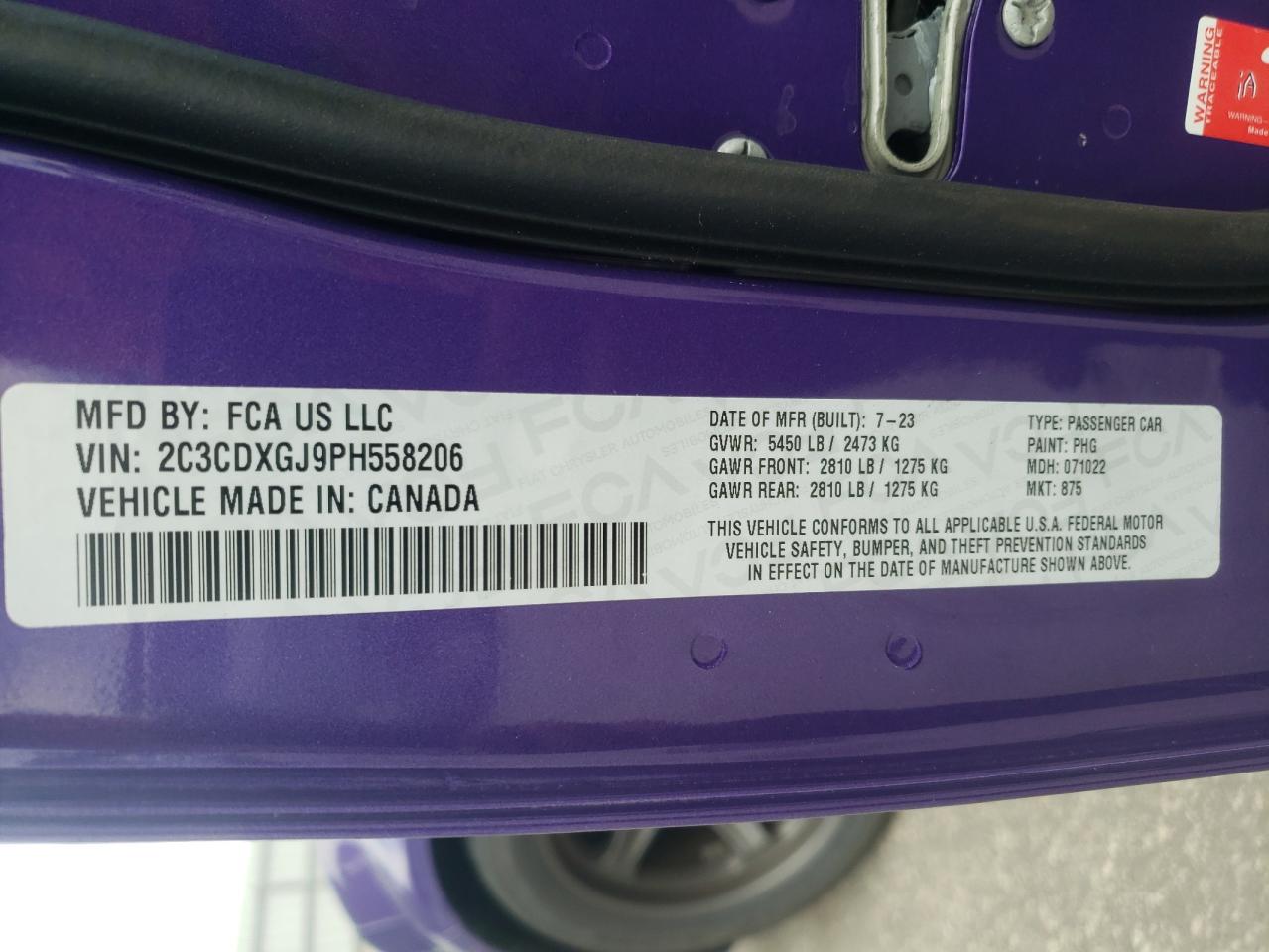 2023 DODGE CHARGER SCAT PACK VIN:2C3CDXGJ9PH558206