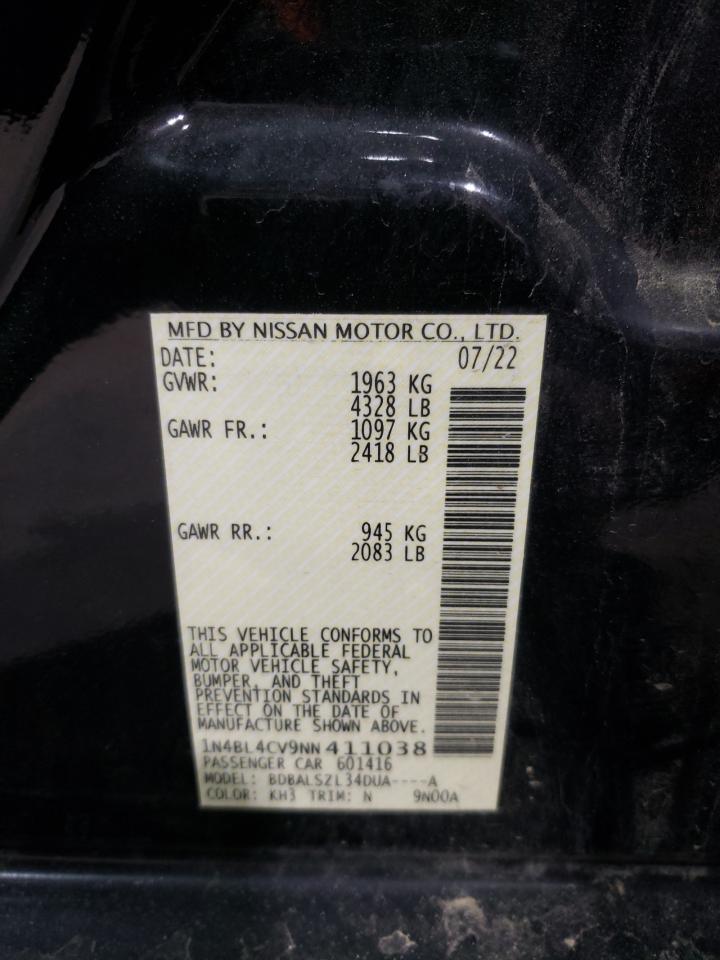 2022 NISSAN ALTIMA SR VIN:1N4BL4CV9NN411038