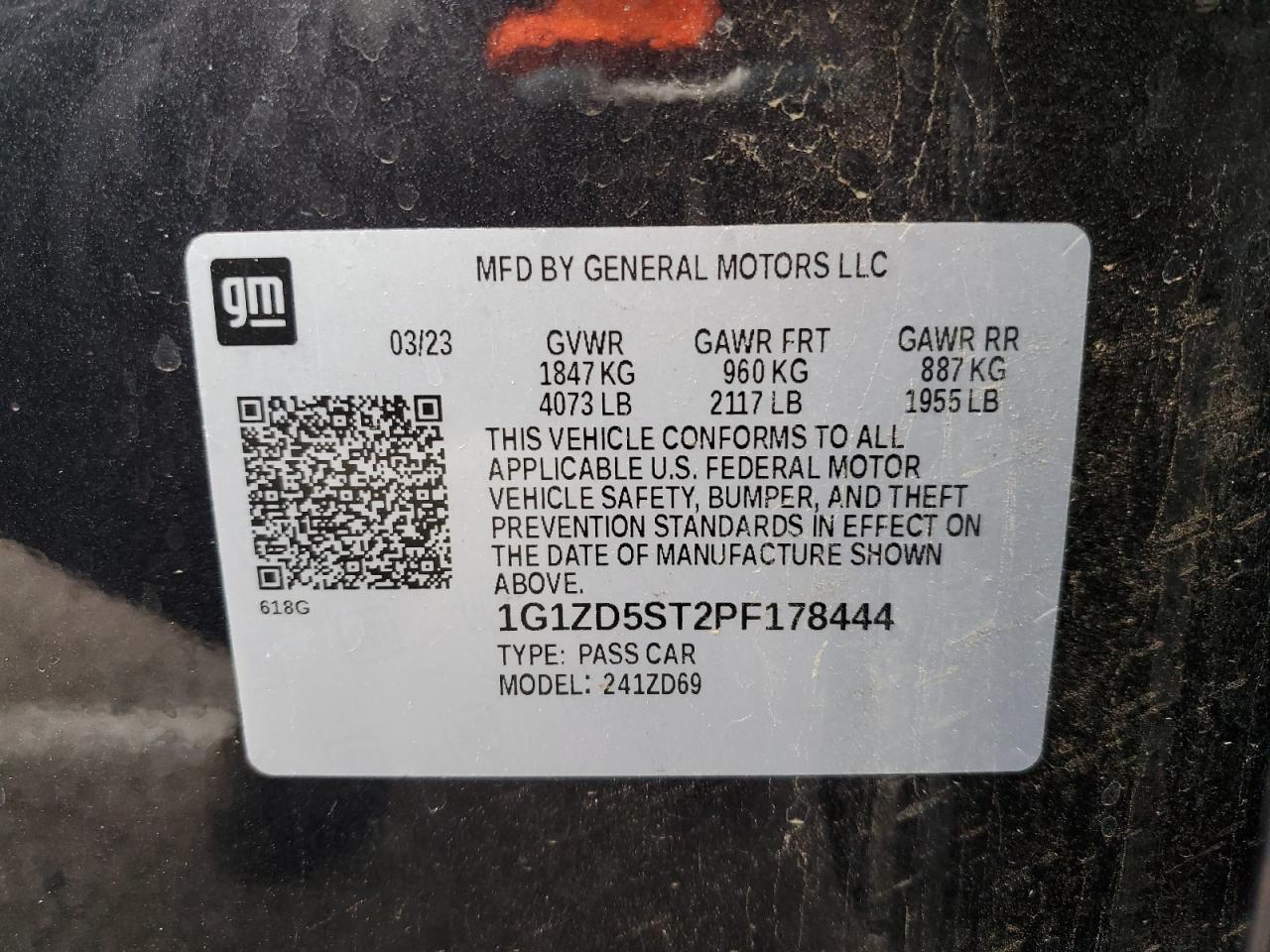 2023 CHEVROLET MALIBU LT VIN:1G1ZD5ST2PF178444