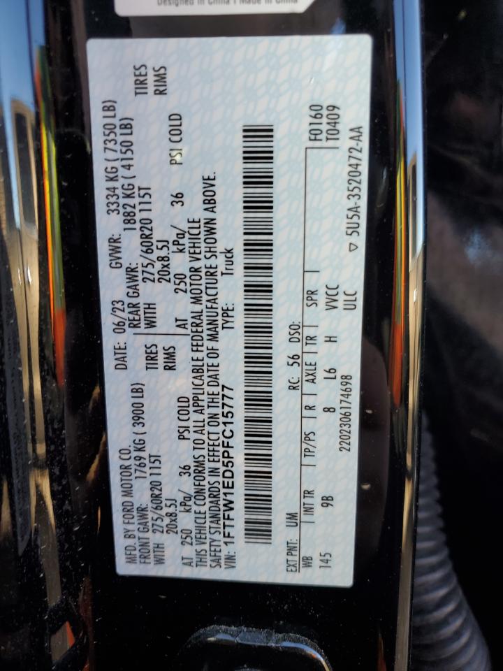 2023 FORD F150 SUPERCREW VIN:1FTFW1ED5PFC15777