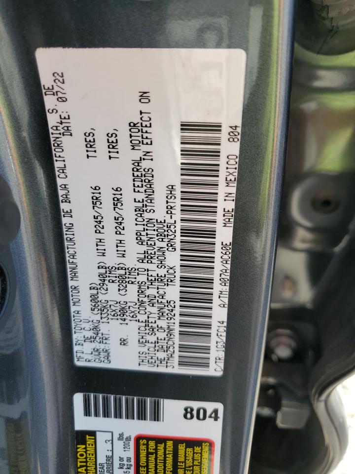 2022 TOYOTA TACOMA DOUBLE CAB VIN:3TMAZ5CN9NM192425