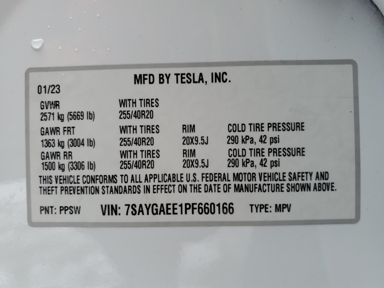 2023 TESLA MODEL Y VIN:7SAYGAEE1PF660166