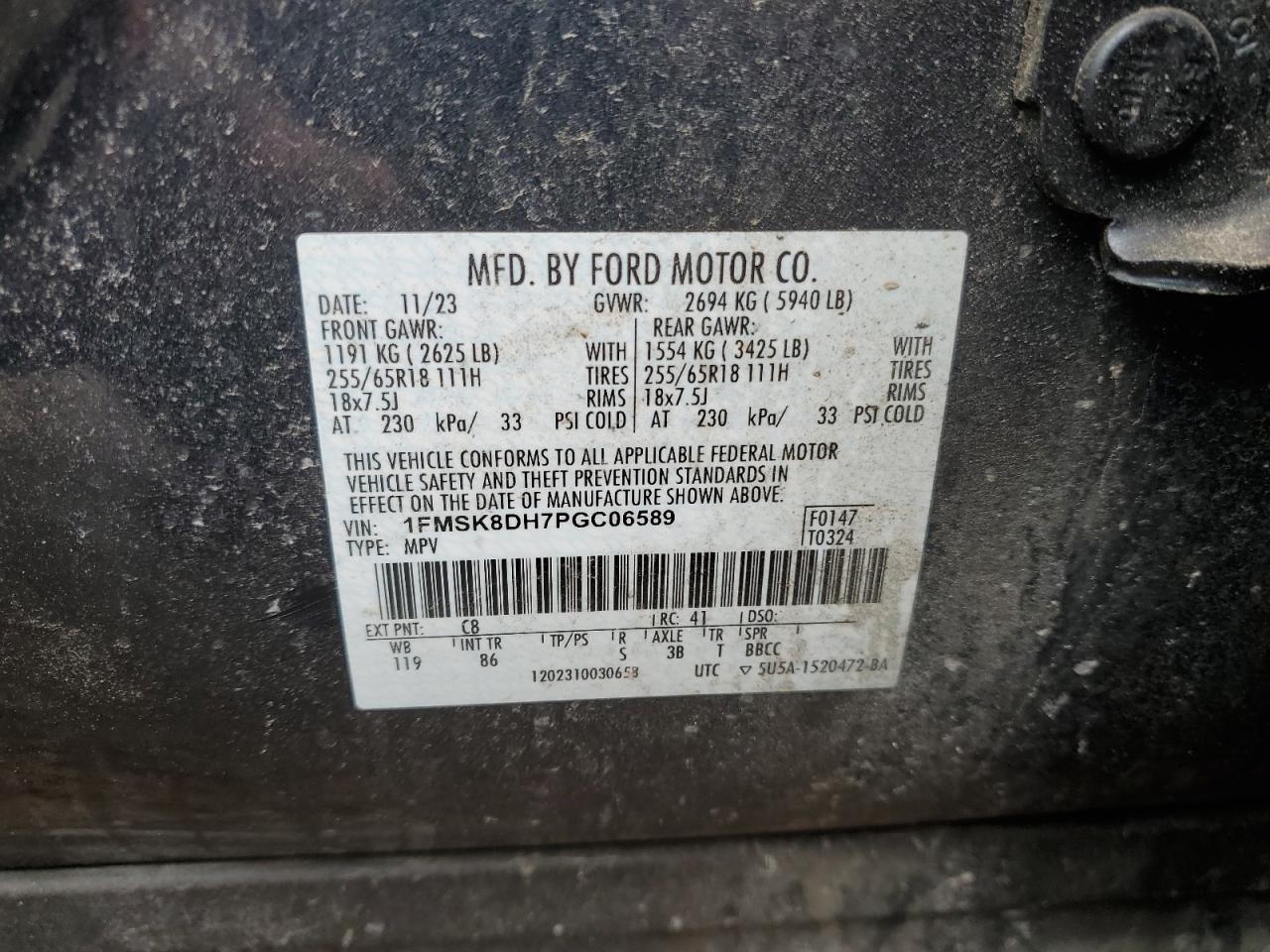 2023 FORD EXPLORER XLT VIN:1FMSK8DH7PGC06589