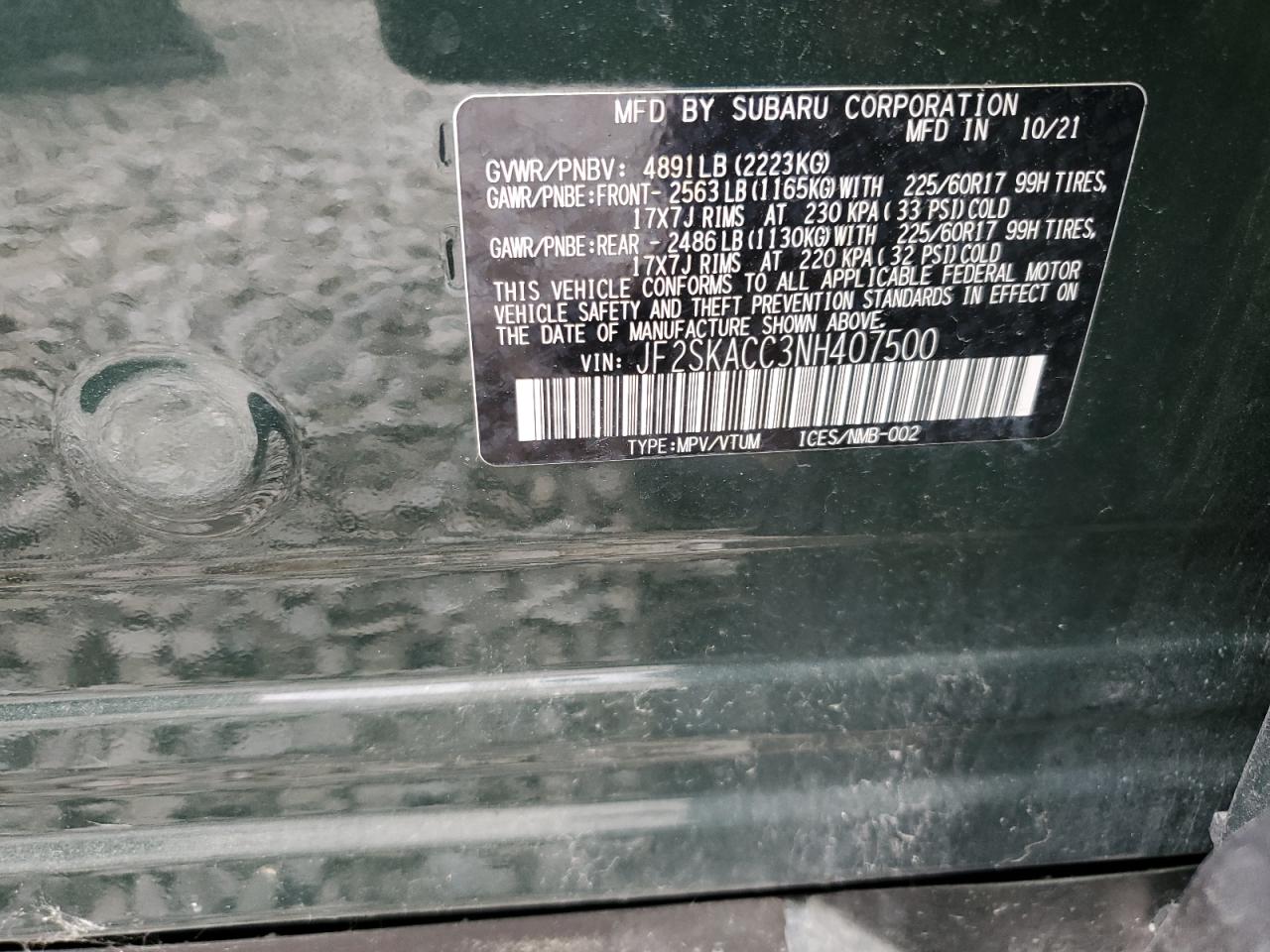 2022 SUBARU FORESTER VIN:JF2SKACC3NH407500