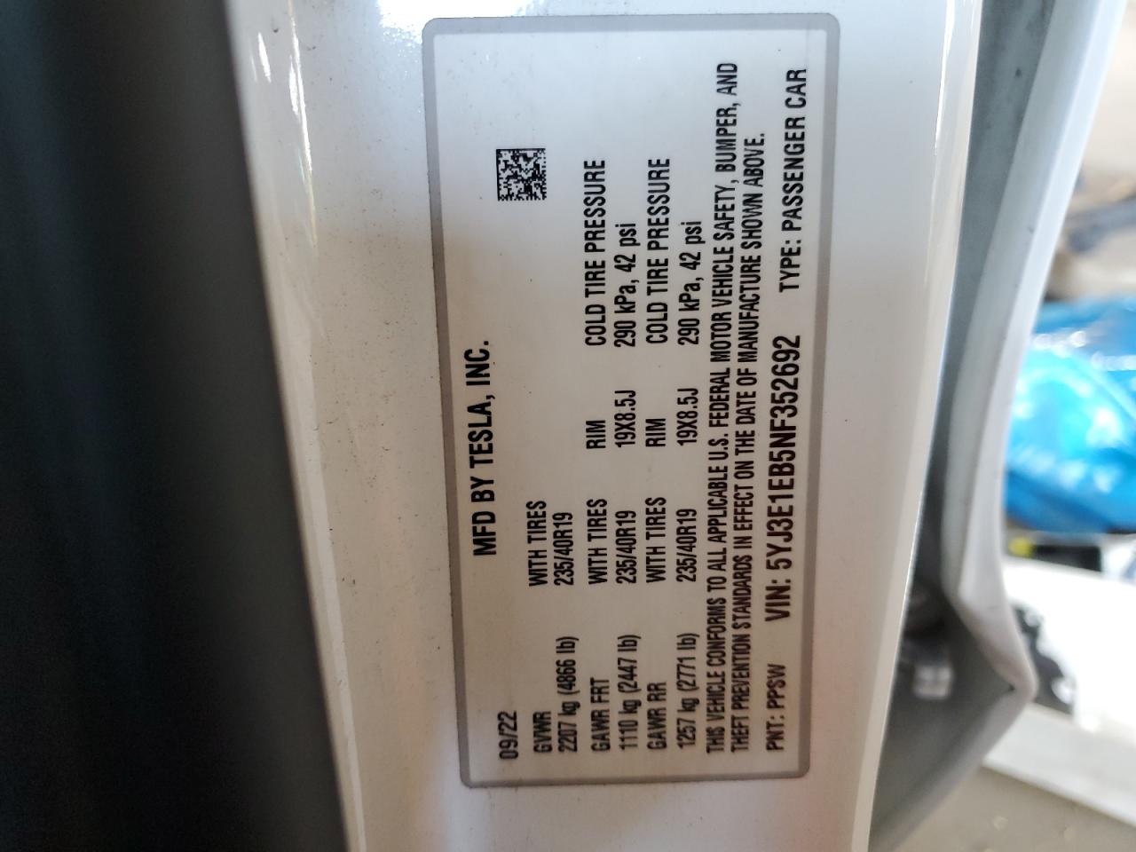 2022 TESLA MODEL 3 VIN:5YJ3E1EB5NF352692