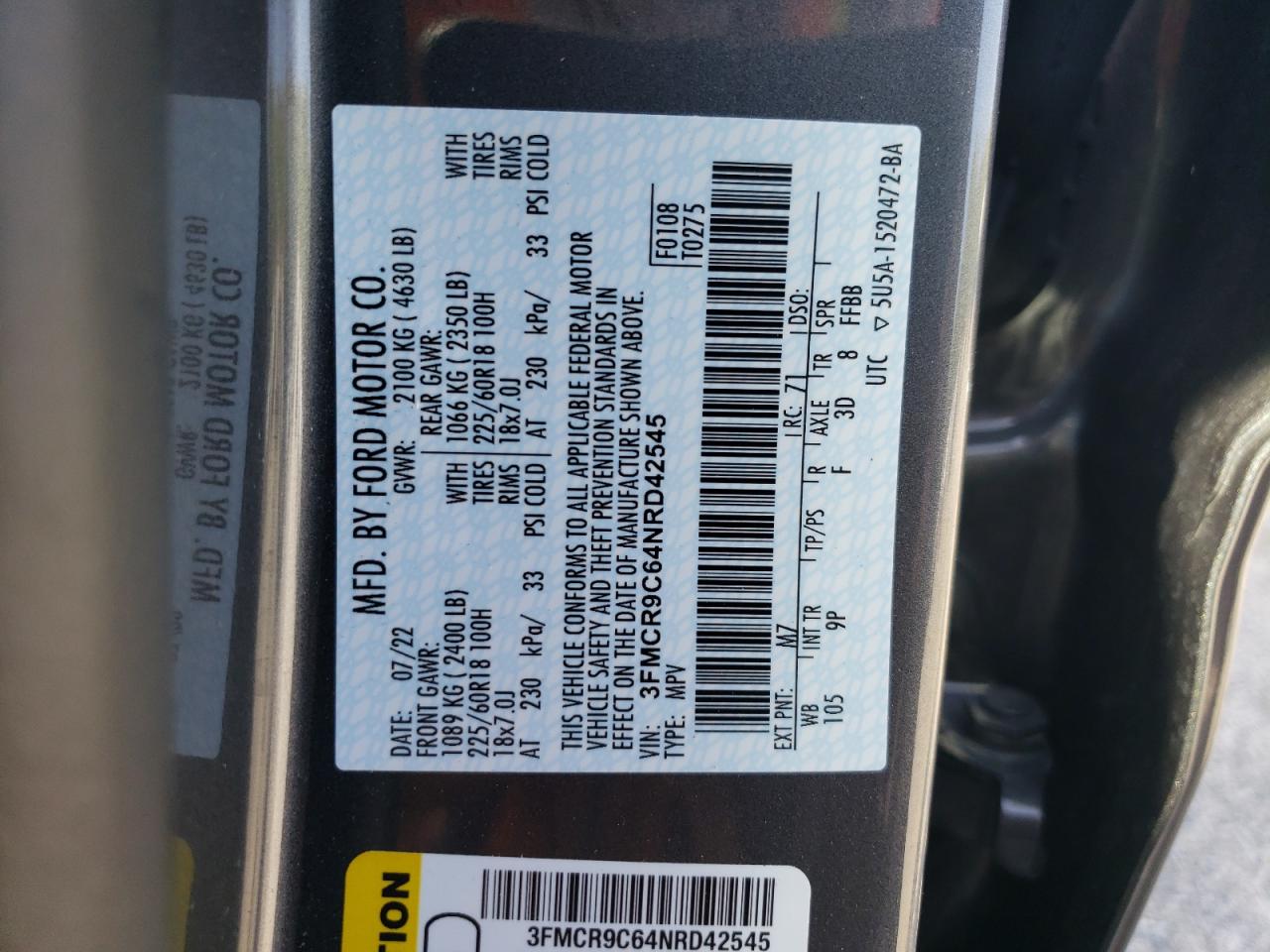 2022 FORD BRONCO SPORT OUTER BANKS VIN:3FMCR9C64NRD42545