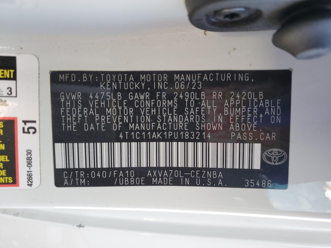 2023 TOYOTA CAMRY LE VIN:4T1C11AK1PU183214