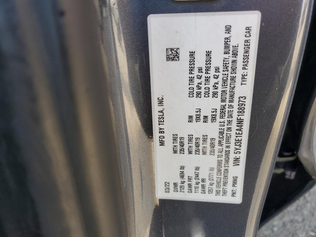2022 TESLA MODEL 3 VIN:5YJ3E1EA4NF188973