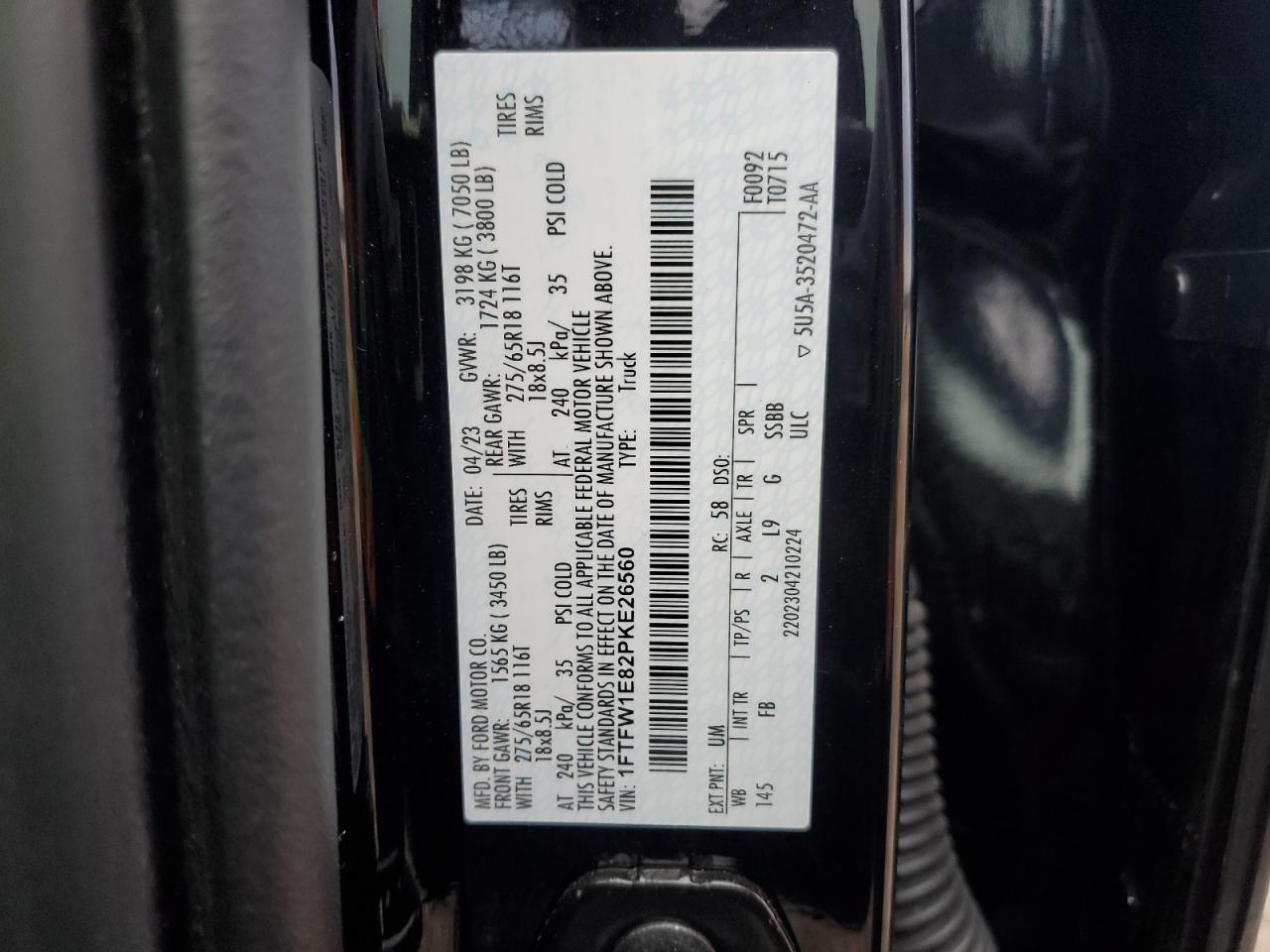 2023 FORD F150 SUPERCREW VIN:1FTFW1E82PKE26560