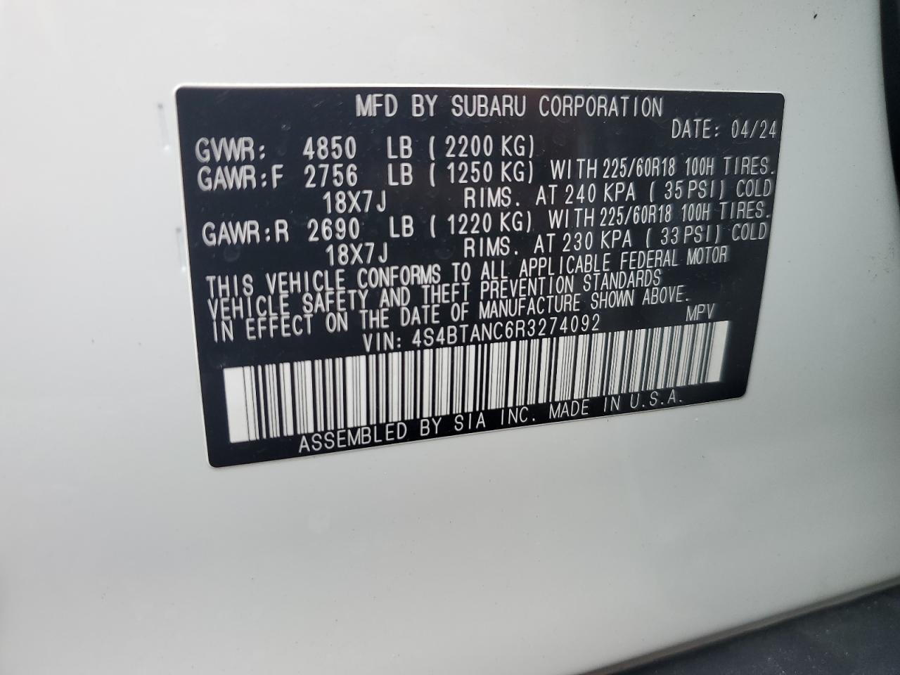 2024 SUBARU OUTBACK LIMITED VIN:4S4BTANC6R3274092