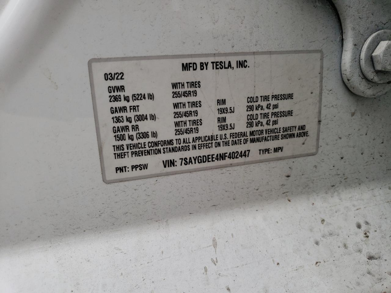 2022 TESLA MODEL Y VIN:7SAYGDEE4NF402447