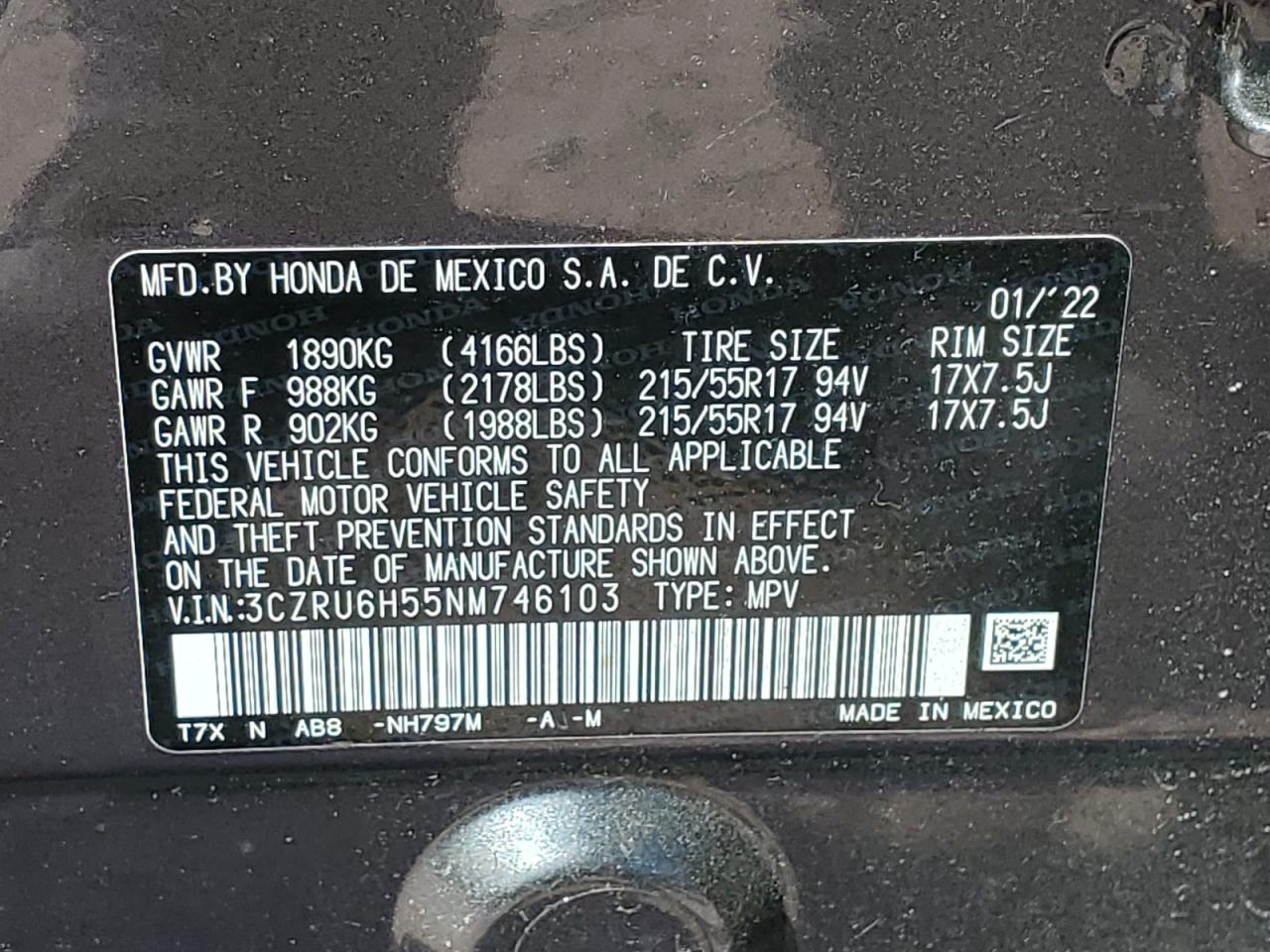 2022 HONDA HR-V EX VIN:3CZRU6H55NM746103