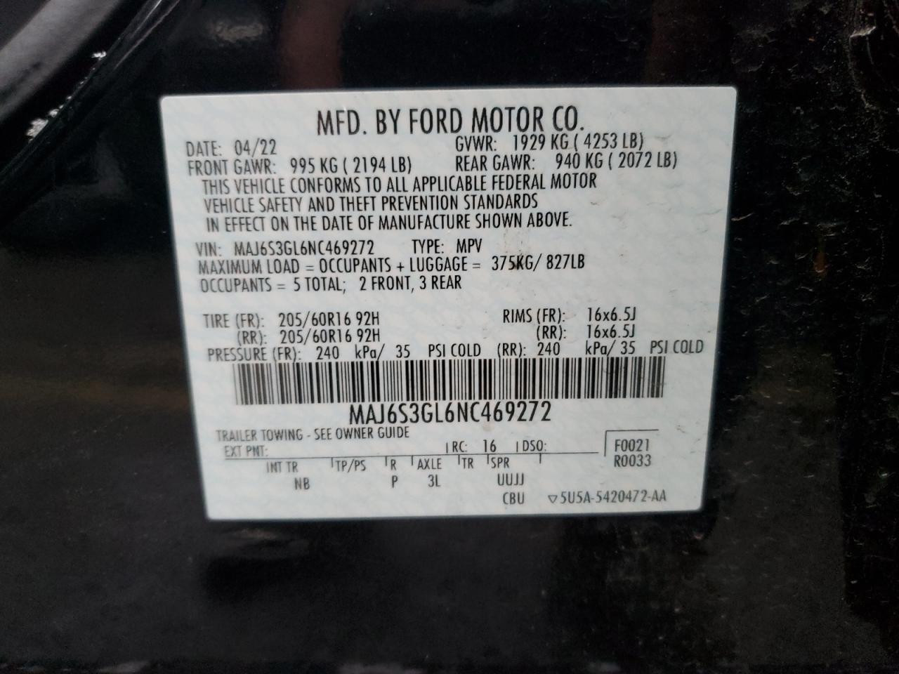2022 FORD ECOSPORT SE VIN:MAJ6S3GL6NC469272