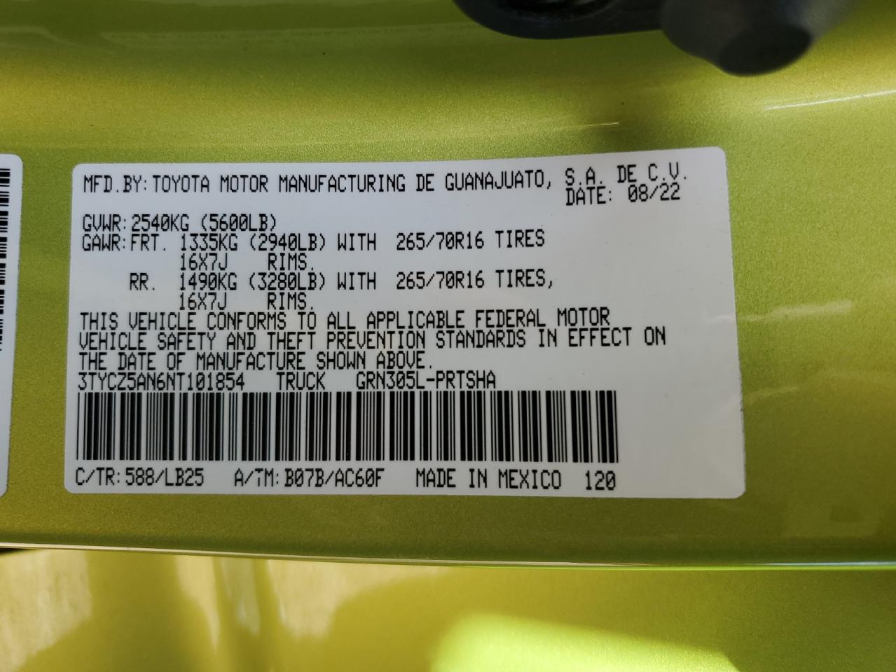 2022 TOYOTA TACOMA DOUBLE CAB VIN:3TYCZ5AN6NT101854