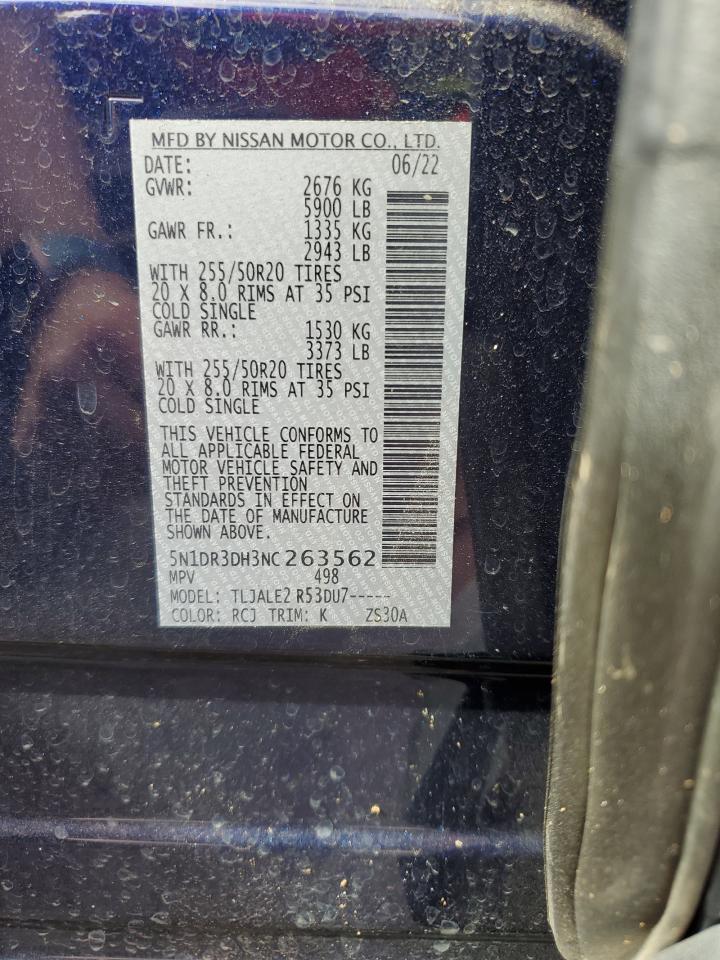 2022 NISSAN PATHFINDER PLATINUM VIN:5N1DR3DH3NC263562