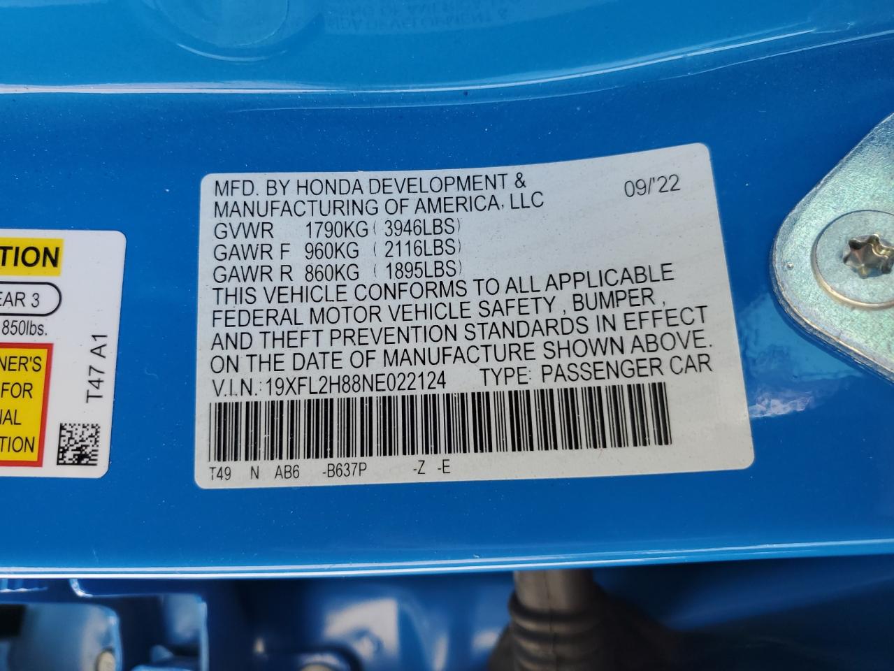 2022 HONDA CIVIC SPORT VIN:19XFL2H88NE022124