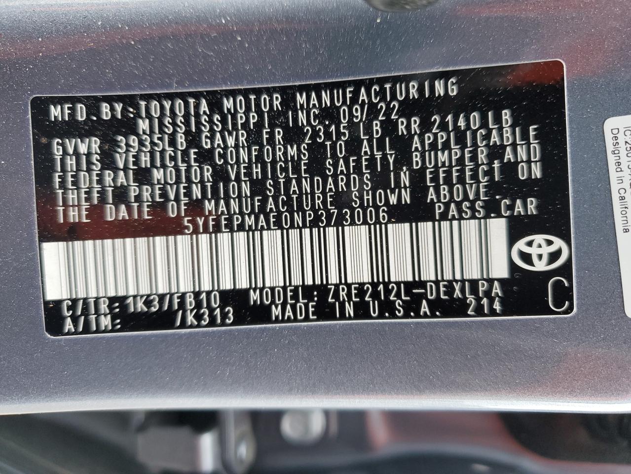 2022 TOYOTA COROLLA LE VIN:5YFEPMAE0NP373006