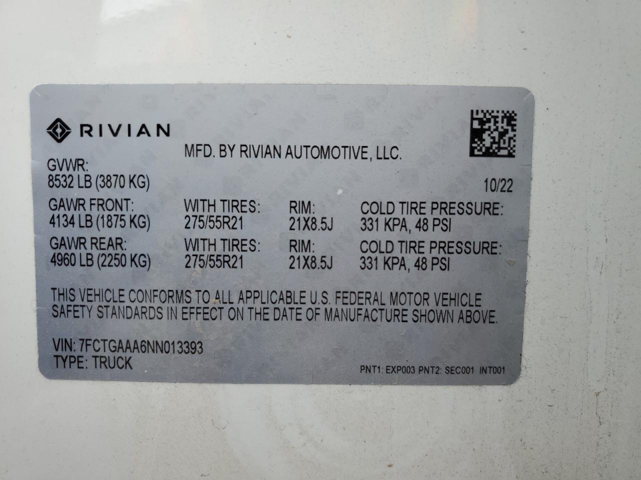2022 RIVIAN R1T ADVENTURE VIN:7FCTGAAA6NN013393