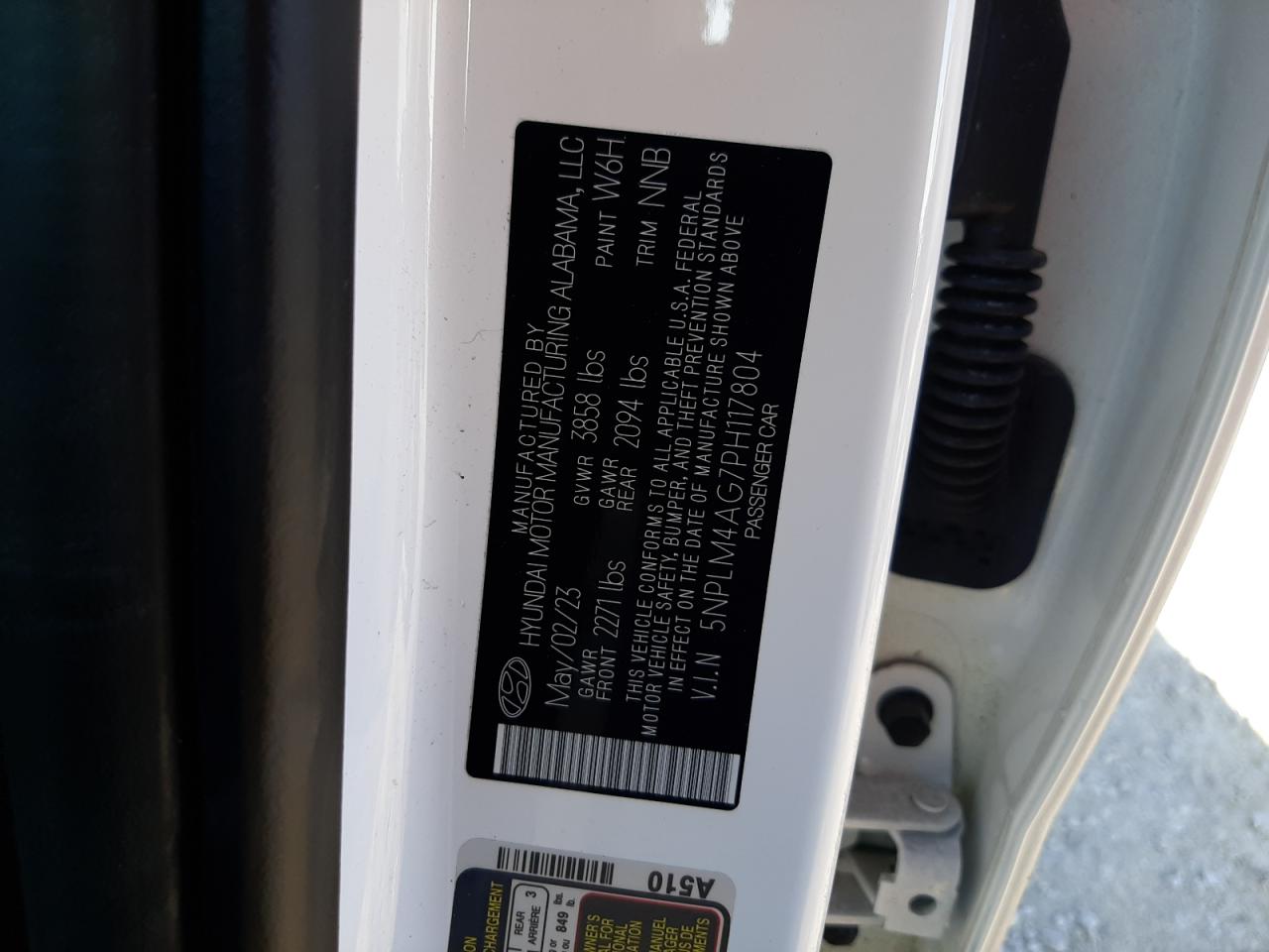 2023 HYUNDAI ELANTRA SEL VIN:5NPLM4AG7PH117804