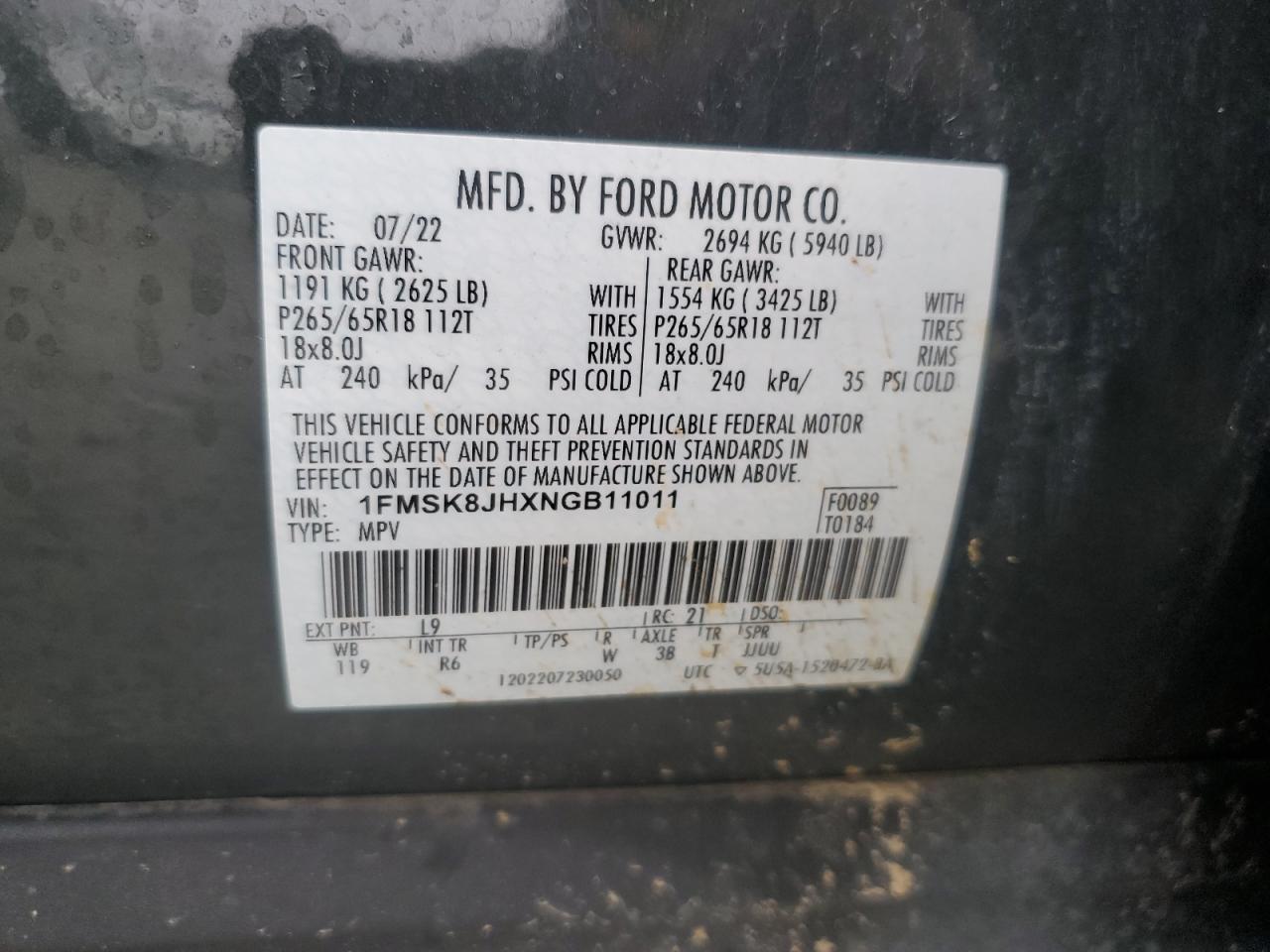 2022 FORD EXPLORER TIMBERLINE VIN:1FMSK8JHXNGB11011