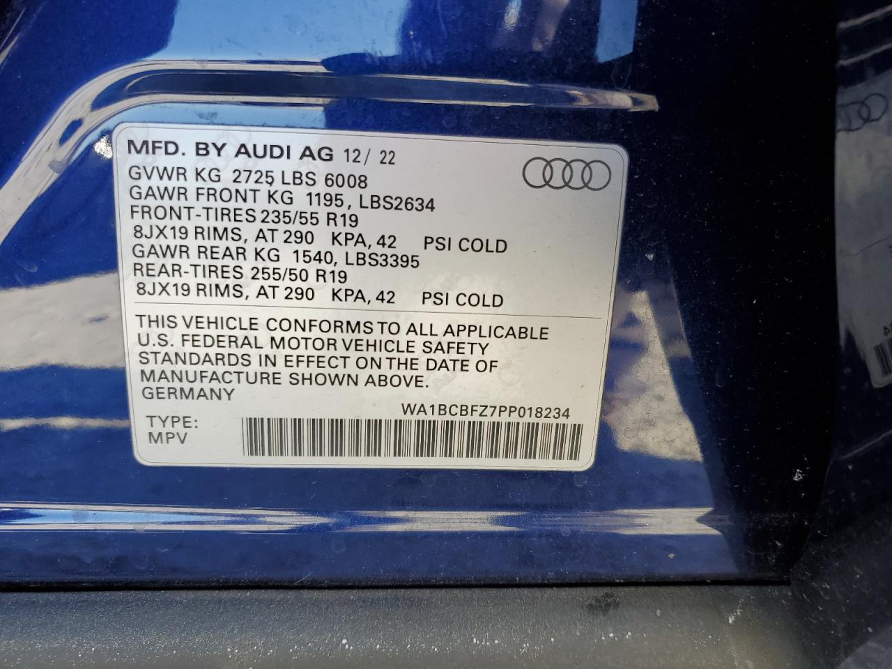 2023 AUDI Q4 E-TRON PREMIUM PLUS VIN:WA1BCBFZ7PP018234