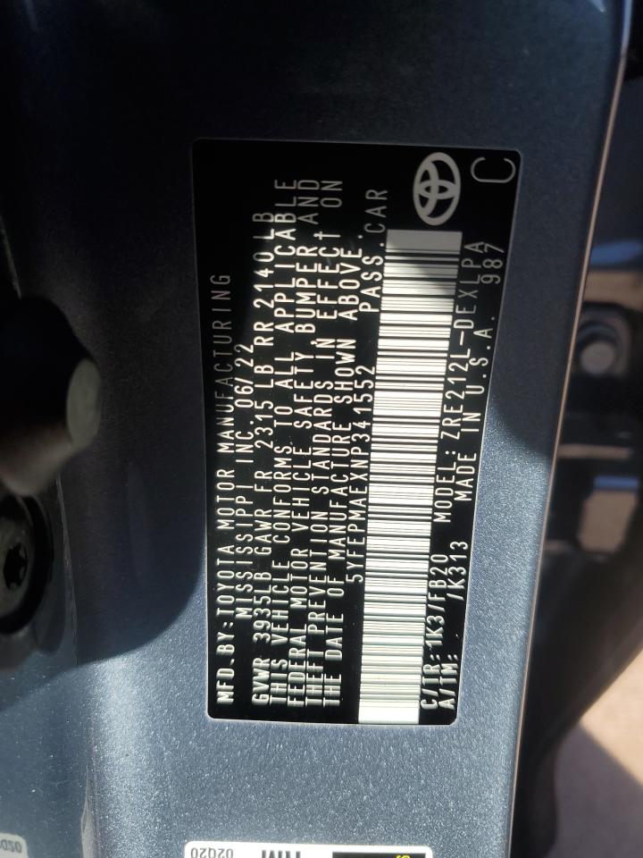 2022 TOYOTA COROLLA LE VIN:5YFEPMAEXNP341552