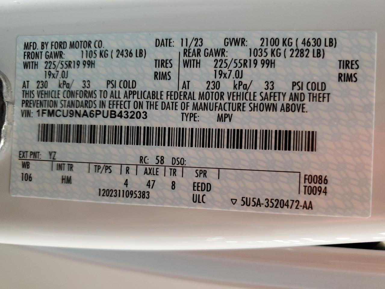 2023 FORD ESCAPE ST LINE SELECT VIN:1FMCU9NA6PUB43203