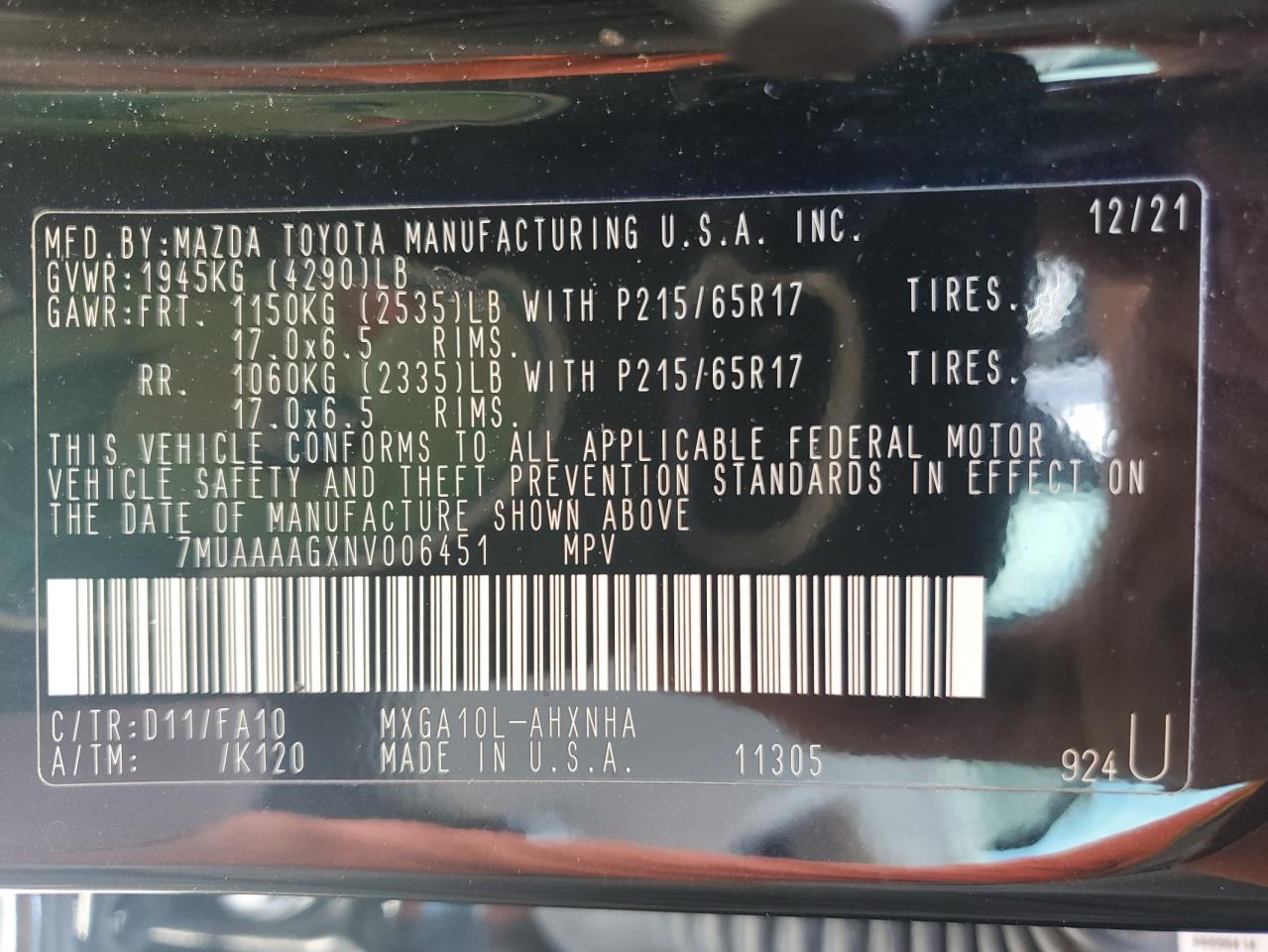 2022 TOYOTA COROLLA CROSS L VIN:7MUAAAAGXNV006451