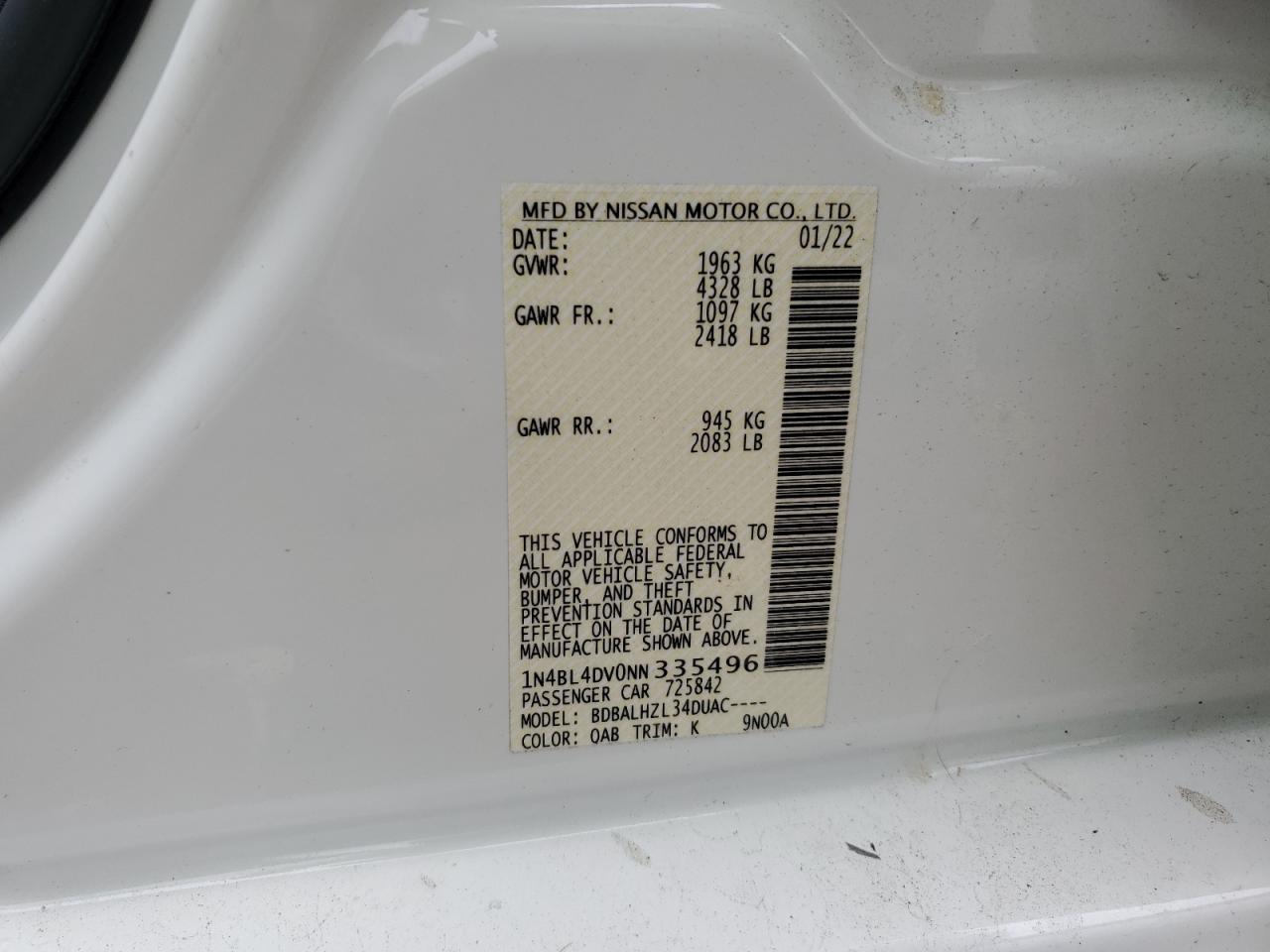 2022 NISSAN ALTIMA SV VIN:1N4BL4DV0NN335496