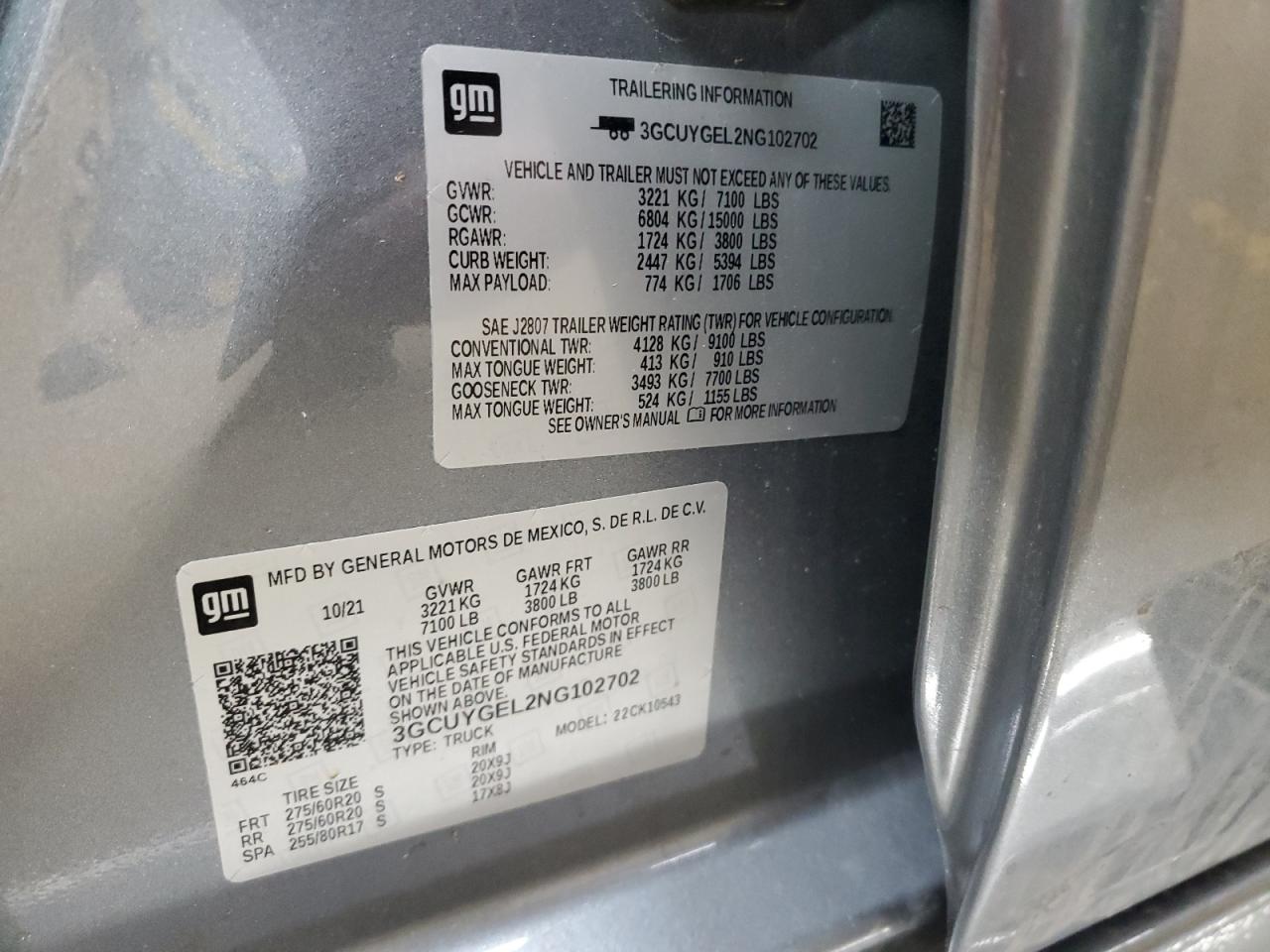 2022 CHEVROLET SILVERADO LTD K1500 LTZ VIN:3GCUYGEL2NG102702