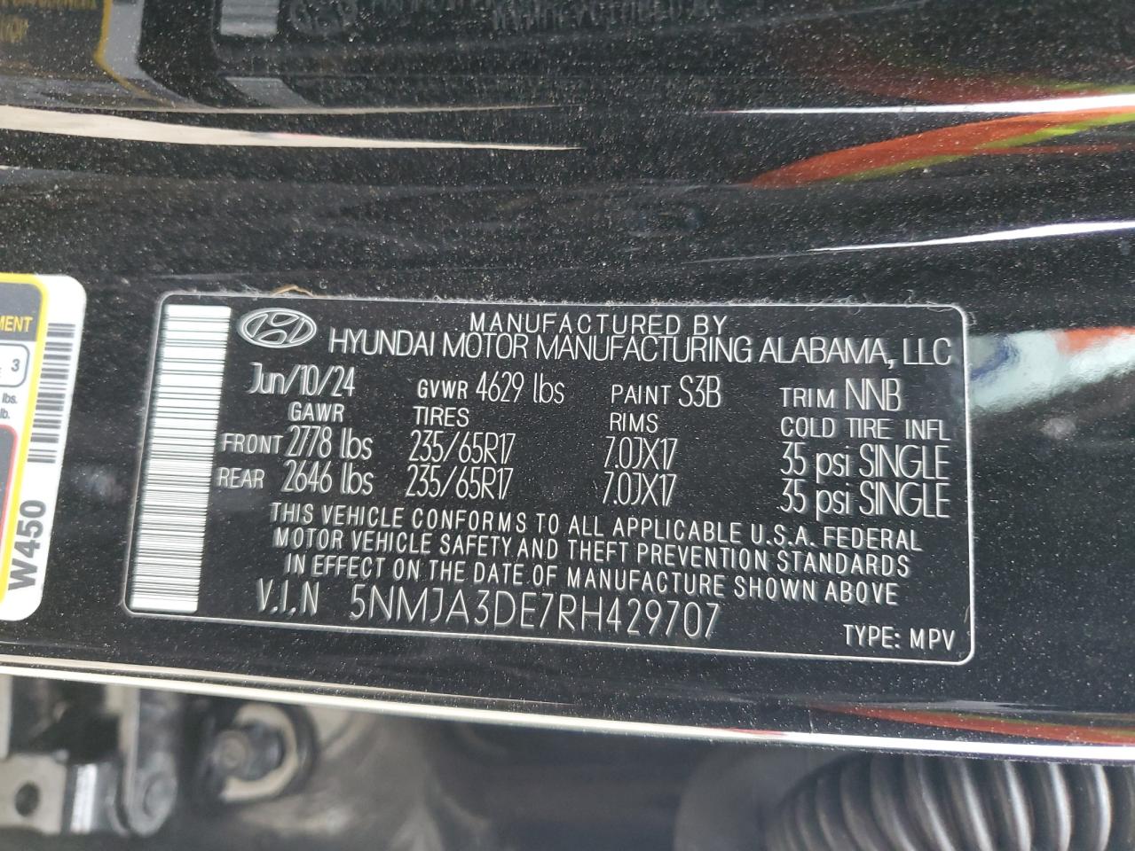 2024 HYUNDAI TUCSON SE VIN:5NMJA3DE7RH429707