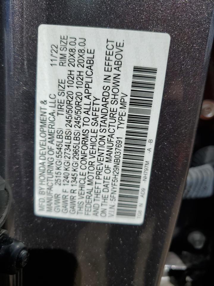 2022 HONDA PILOT SE VIN:5FNYF5H29NB037691