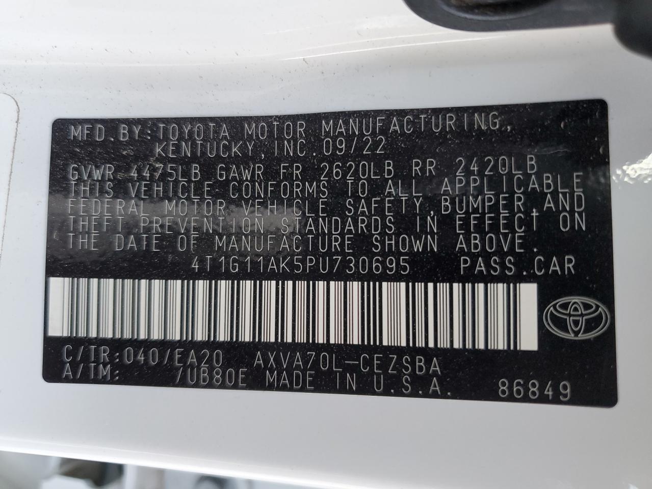 2023 TOYOTA CAMRY SE NIGHT SHADE VIN:4T1G11AK5PU730695