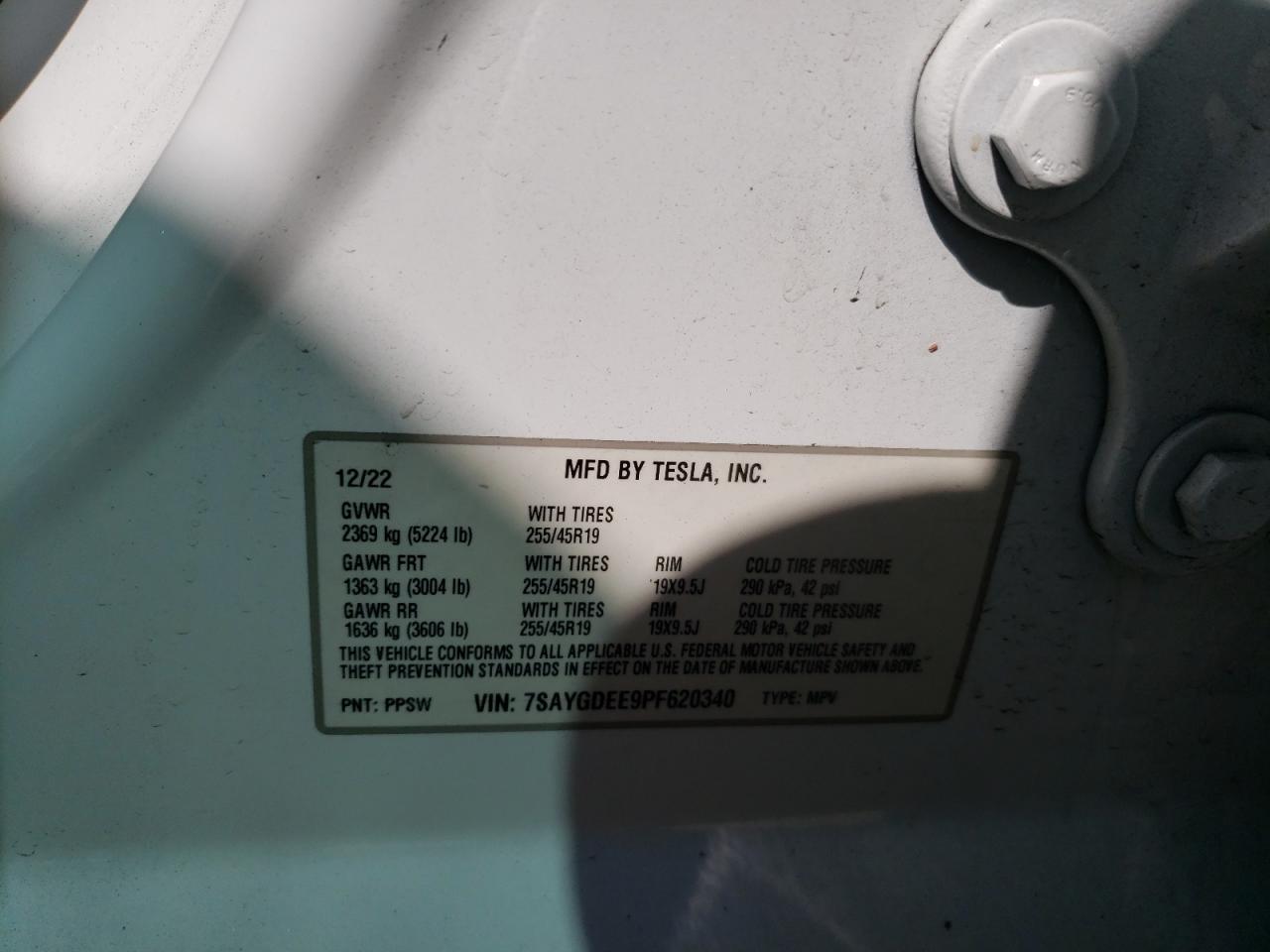 2023 TESLA MODEL Y VIN:7SAYGDEE9PF620340