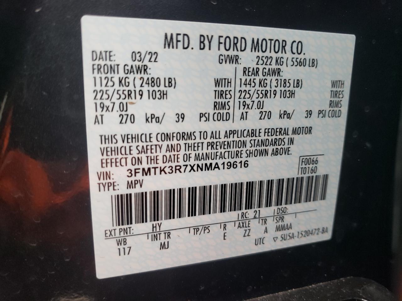 2022 FORD MUSTANG MACH-E PREMIUM VIN:3FMTK3R7XNMA19616