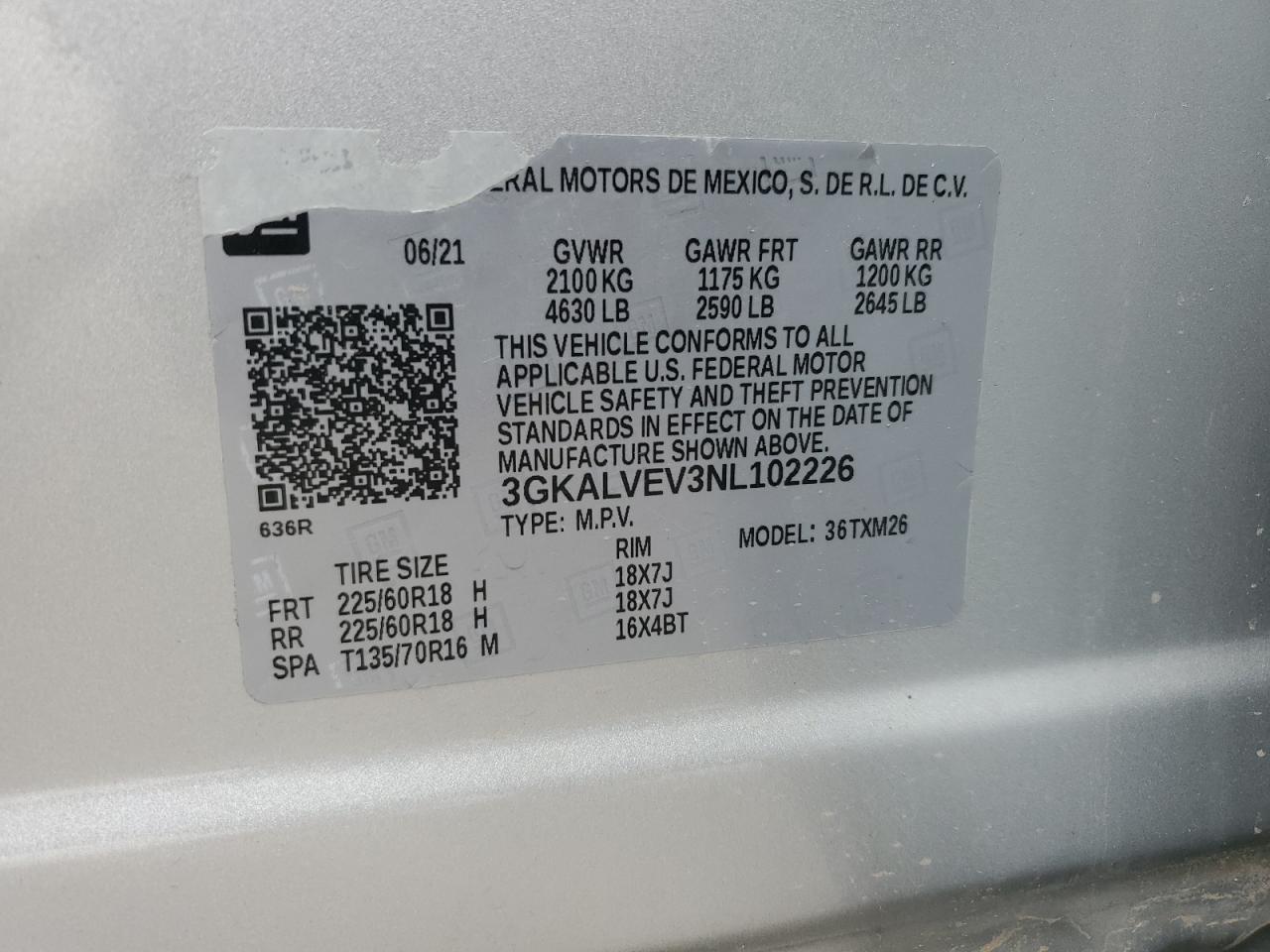 2022 GMC TERRAIN SLT VIN:3GKALVEV3NL102226