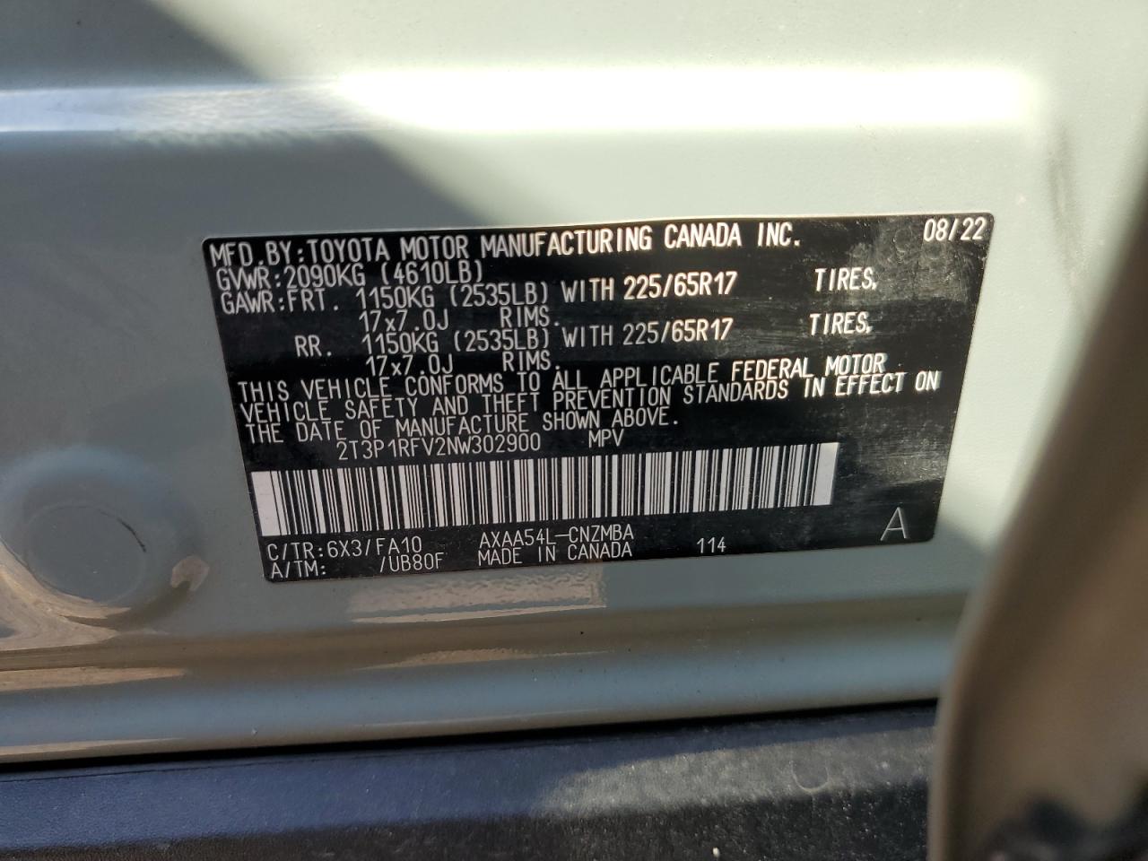 2022 TOYOTA RAV4 XLE VIN:2T3P1RFV2NW302900