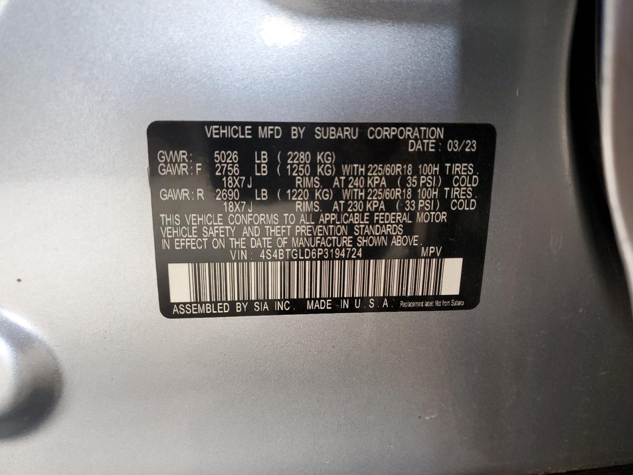 2023 SUBARU OUTBACK ONYX EDITION XT VIN:4S4BTGLD6P3194724