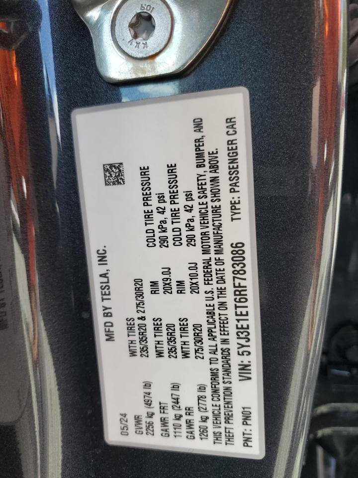 2024 TESLA MODEL 3 VIN:5YJ3E1ET6RF783086
