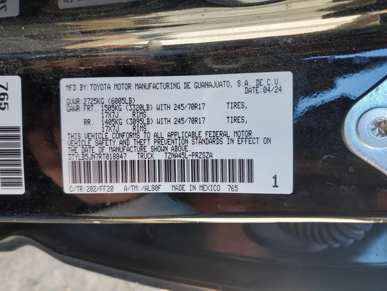 2024 TOYOTA TACOMA DOUBLE CAB VIN:3TYLB5JN7RT018847