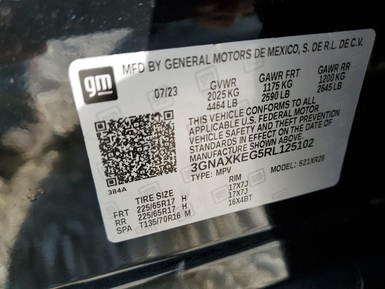 2024 CHEVROLET EQUINOX LT VIN:3GNAXKEG5RL125102