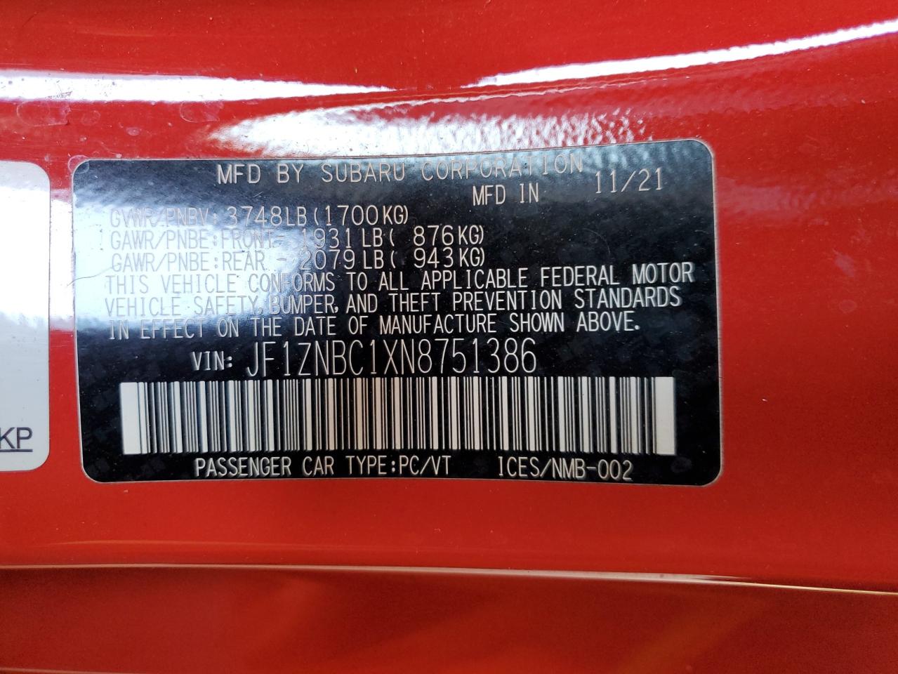 2022 TOYOTA GR 86 VIN:JF1ZNBC1XN8751386