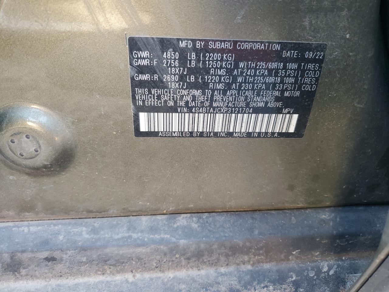 2023 SUBARU OUTBACK ONYX EDITION VIN:4S4BTAJCXP3121704