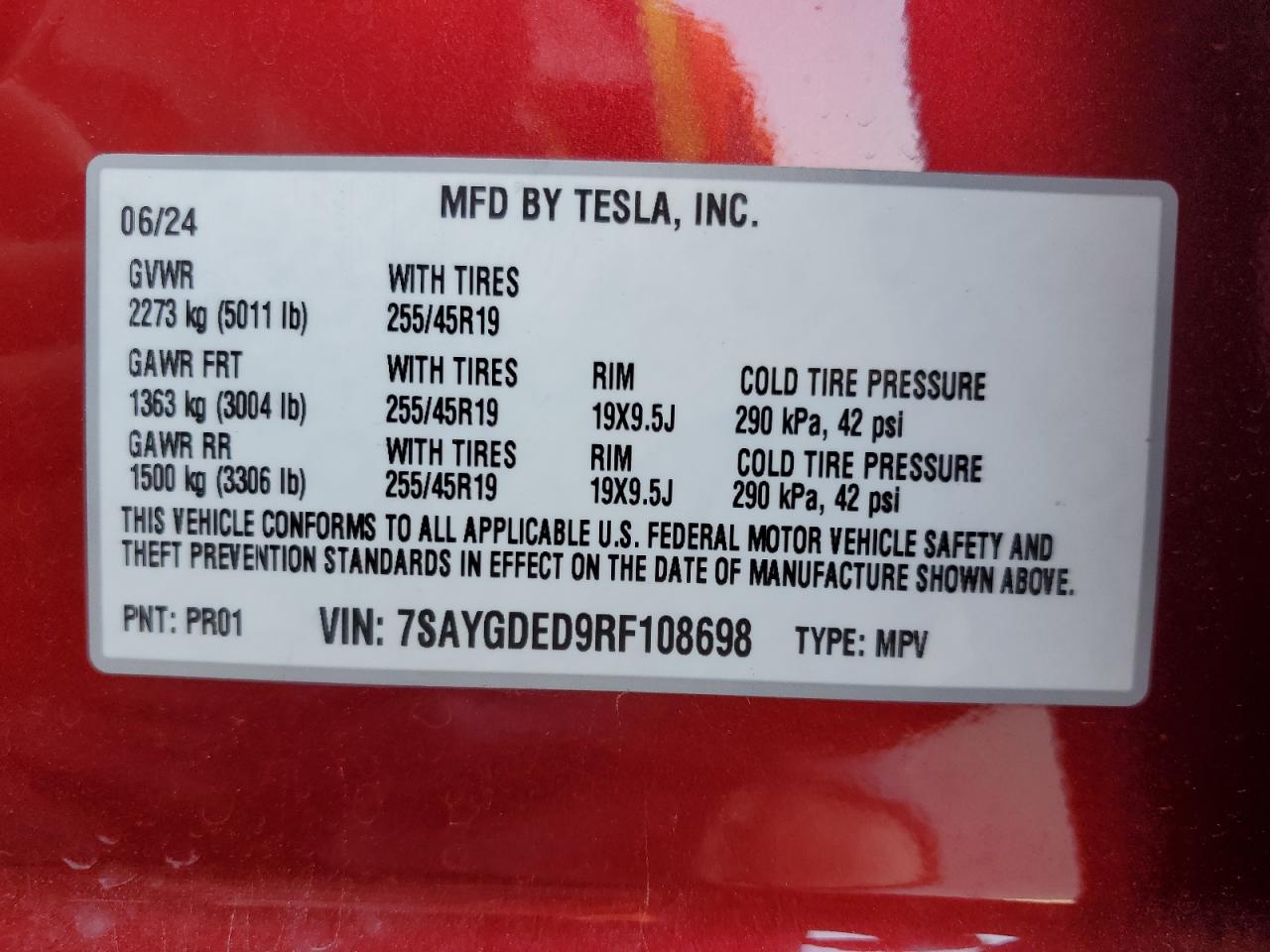 2024 TESLA MODEL Y VIN:7SAYGDED9RF108698
