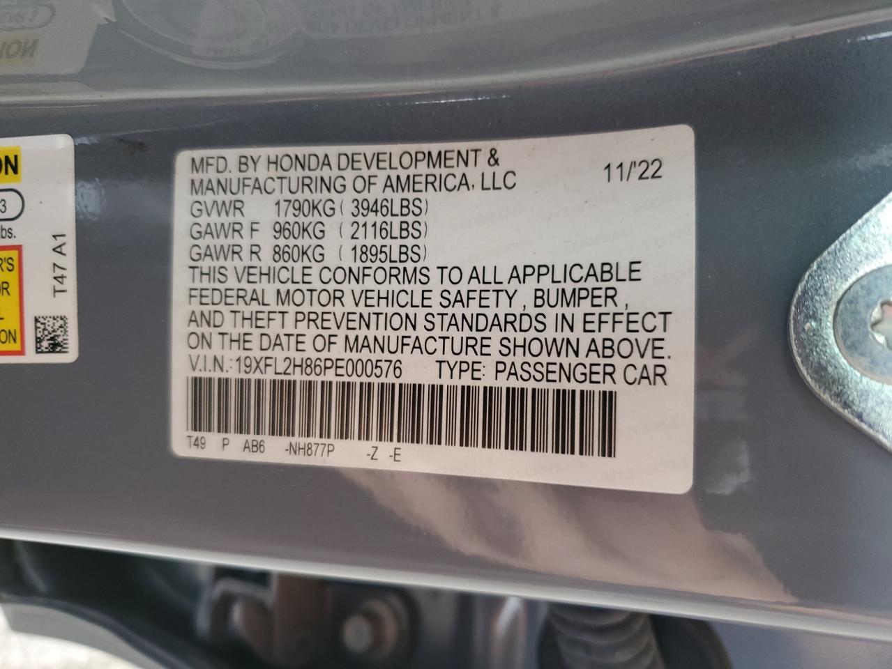 2023 HONDA CIVIC SPORT VIN:19XFL2H86PE000576