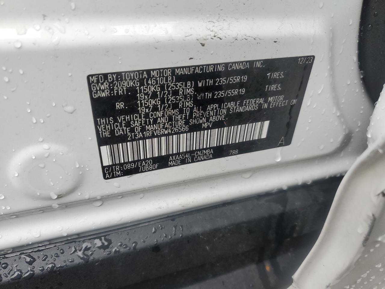 2024 TOYOTA RAV4 XLE PREMIUM VIN:2T3A1RFV6RW426566