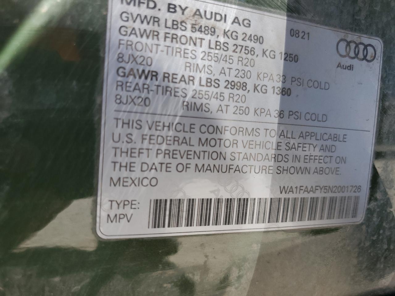 2022 AUDI Q5 PRESTIGE 45 VIN:WA1FAAFY5N2001726