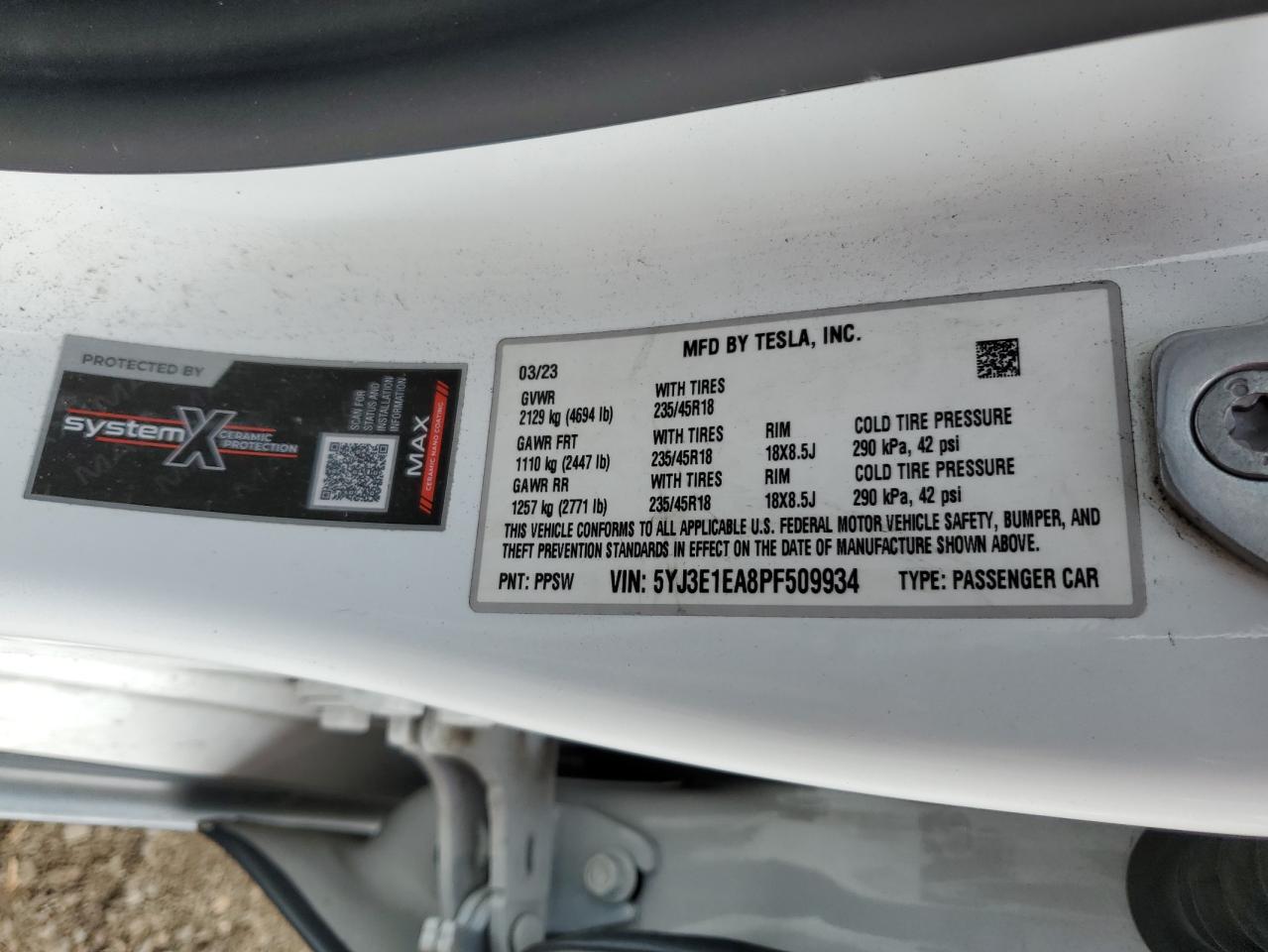 2023 TESLA MODEL 3 VIN:5YJ3E1EA8PF509934